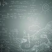 A brainstorm with equations and drawings on a green chalkboard.