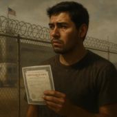 Illustration of man holding birth certificate in front of detention center