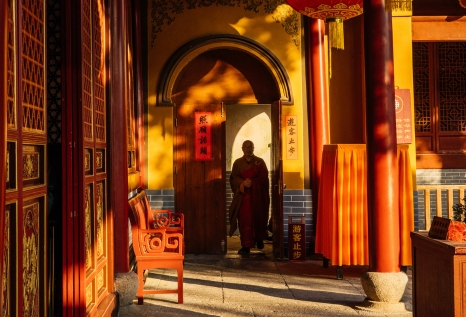 a monk teacher on Mount Putuo at dawn in Zhoushan