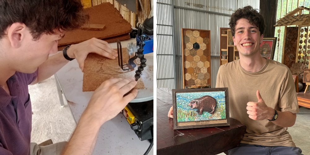 Hirsch cutting composite board, made of crushed Gurjan leaves glued together in a heated hydraulic press with rice-flour based glue into an art piece depicting Thailand's famed pygmy hippopotamus Moo Deng.