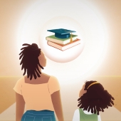 Animated image of a mother and daughter looking at a graduation cap