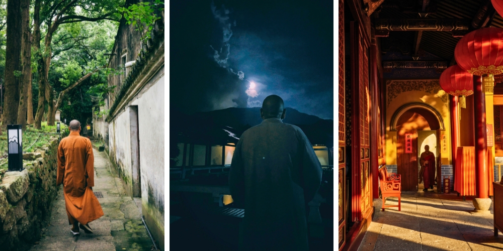 (from left to right) Wang following a monk teacher on Mount Putuo in the forest in Zhoushan, a monk teacher at Donglin Temple under the moonlight in Jiujiang, and a monk teacher on Mount Putuo at dawn in Zhoushan