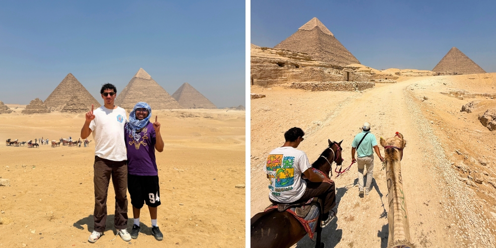 Taher and Zaim pictured with the pyramids of Giza and riding camels.
