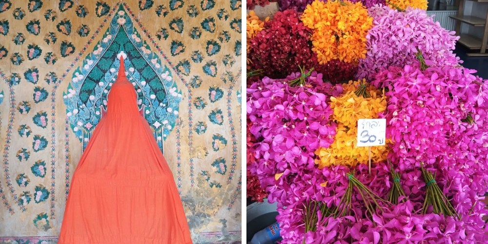 Left: A statue of the Buddha covered by a Thai monastic robe at Wat Pho during maintenance. Right: Flowers sold at Pak Khlong Talat, the city's largest flower market, for merit-making and prayer at Buddhist temples and shrines. (Bangkok, Thailand)