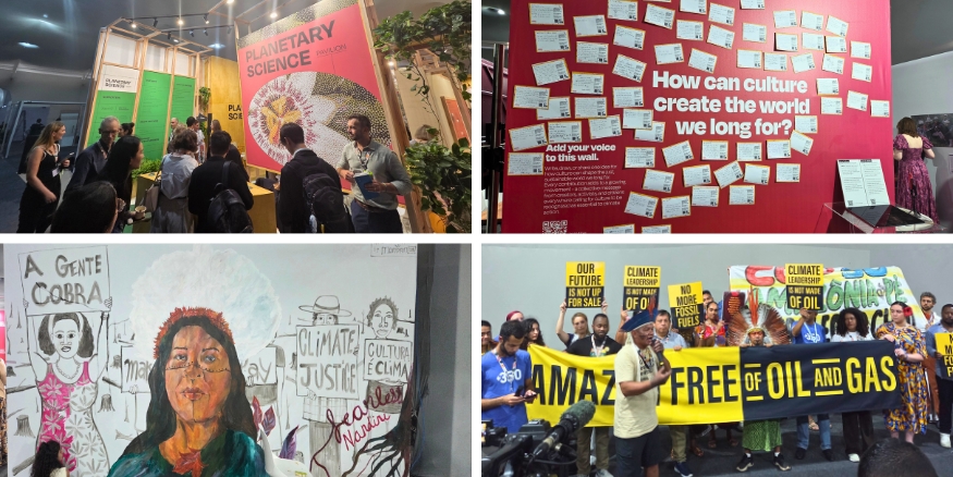 Interactive mechanisms for climate change engagement found in the pavilions. Examples include exhibitions, sticky note walls, art installations, and protests