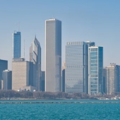 The Chicago skyline visible from Lake Michigan