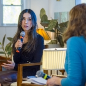 Nobel Peace Laureate Nadia Murad speaking in the Buffett Reading Room