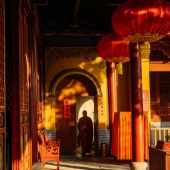 a monk teacher on Mount Putuo at dawn in Zhoushan