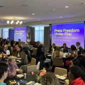 Large group discussion at the Press Freedom Under Fire event 