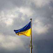 Ukrainian flag on a flag pole