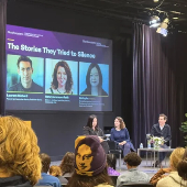 Laurent Richard, Raney Aronson-Rath, and Kathy Im speaking at Medill