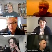 Panelists on zoom from Northwestern's Buffett webinar on the one year anniversary of Russia's invasion of Ukraine. 