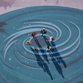 Aerial view of six people standing on an illustration of swirling water with fish.