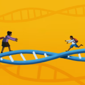cartoon of family reuniting as they walk across a DNA strand.