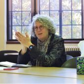 Political science and Pritzker School of Law Prof. Karen Alter discussed her research on backlash politics with a group of students.